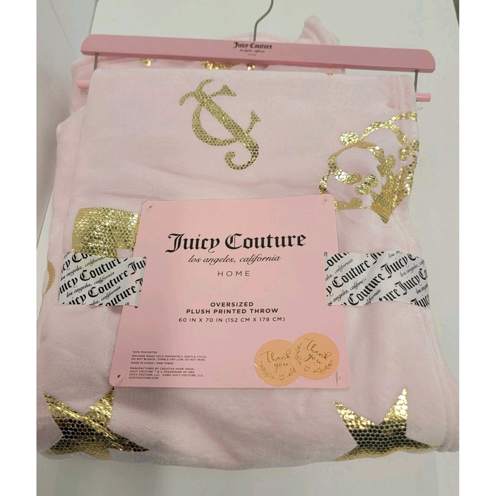 NEW Juicy Couture‎ OVERSIZED Pink Gold Crown Shimmer Printed Throw Blanket 60x70